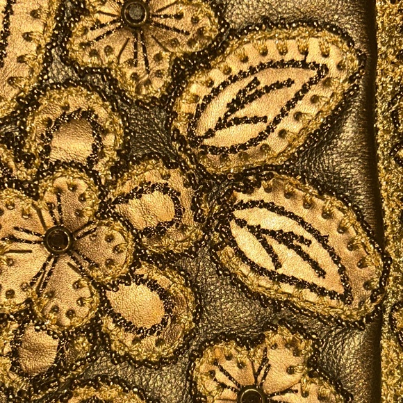 Vintage Rare Isabella Fiore Gold Leather Satchel Shoulder Bag with Beaded Trim - Picture 13 of 13